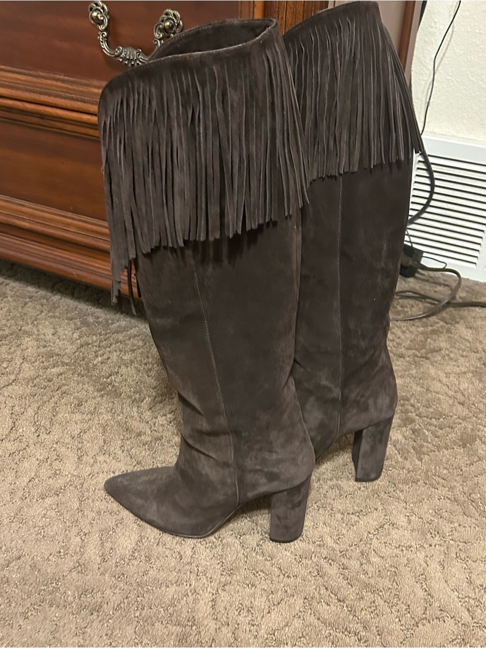 Paris Texas Dark Brown Suede Over-the-Knee Fringe Boots